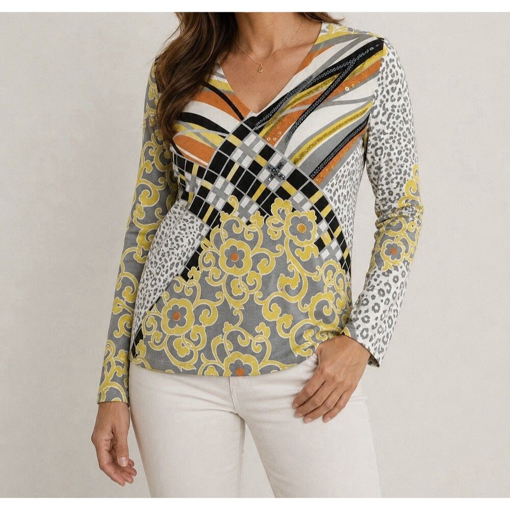 Sierra New York Women M Mixed Print Top Viscose Stretch Sequins Long Sleeve
